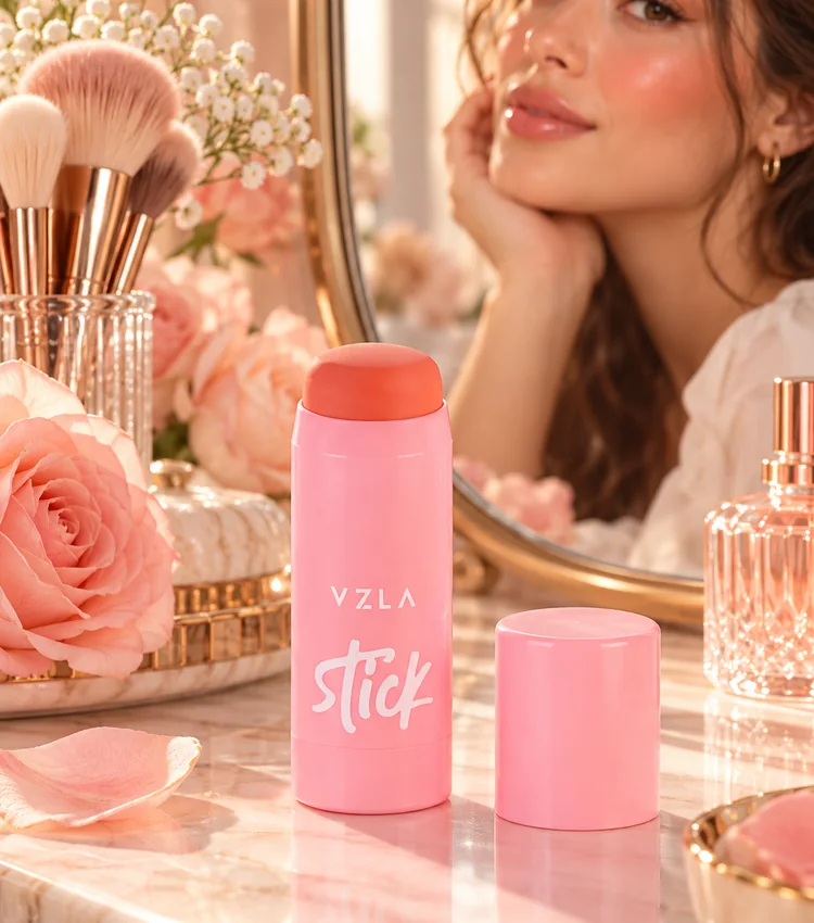 Blush e maquiagem em penteadeira delicada