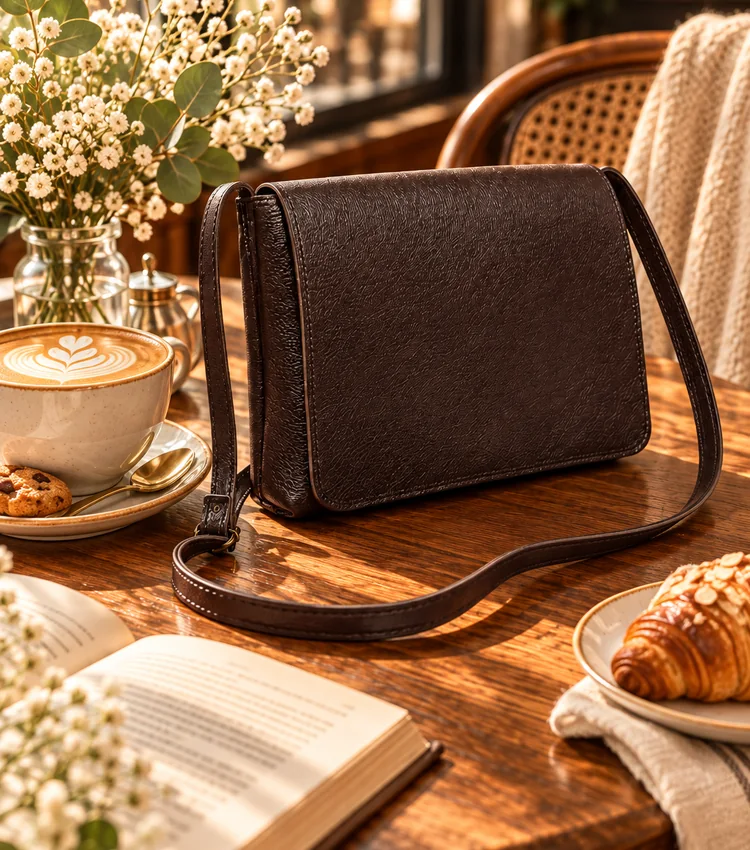Bolsa marrom vintage em uma cafeteria