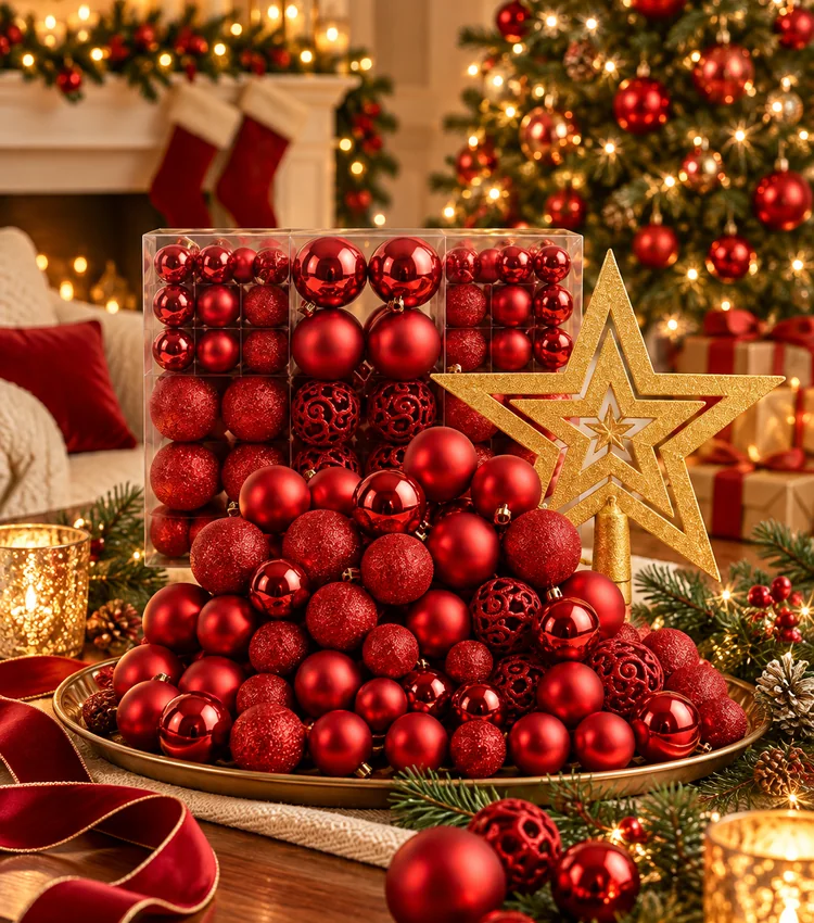 Enfeites de Natal vermelhos em cena festiva