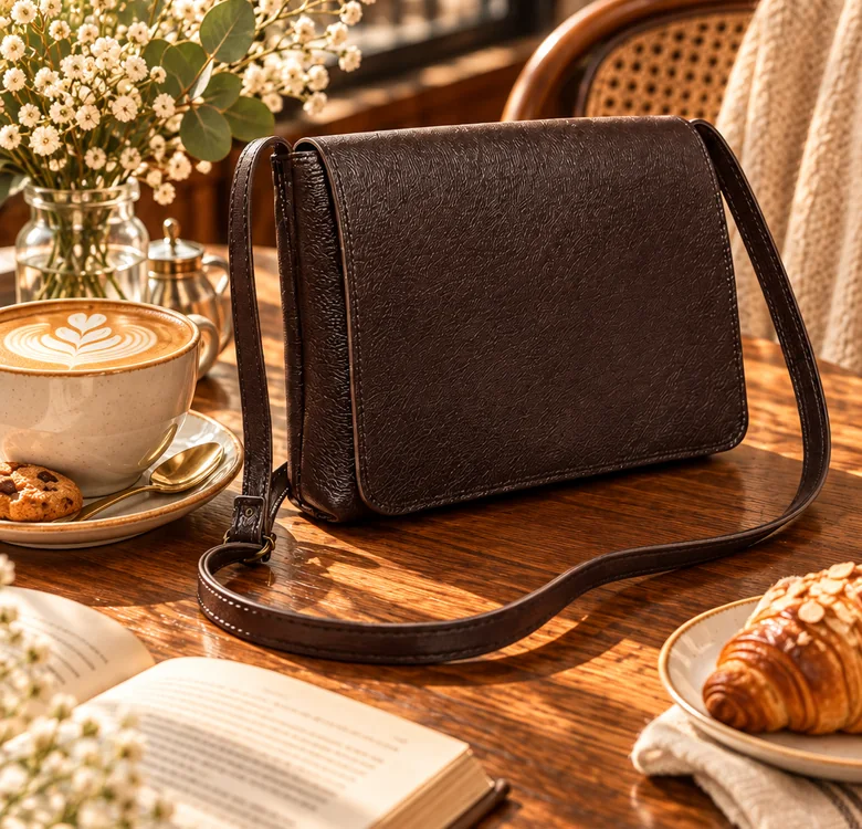 Bolsa marrom e xícara de café
