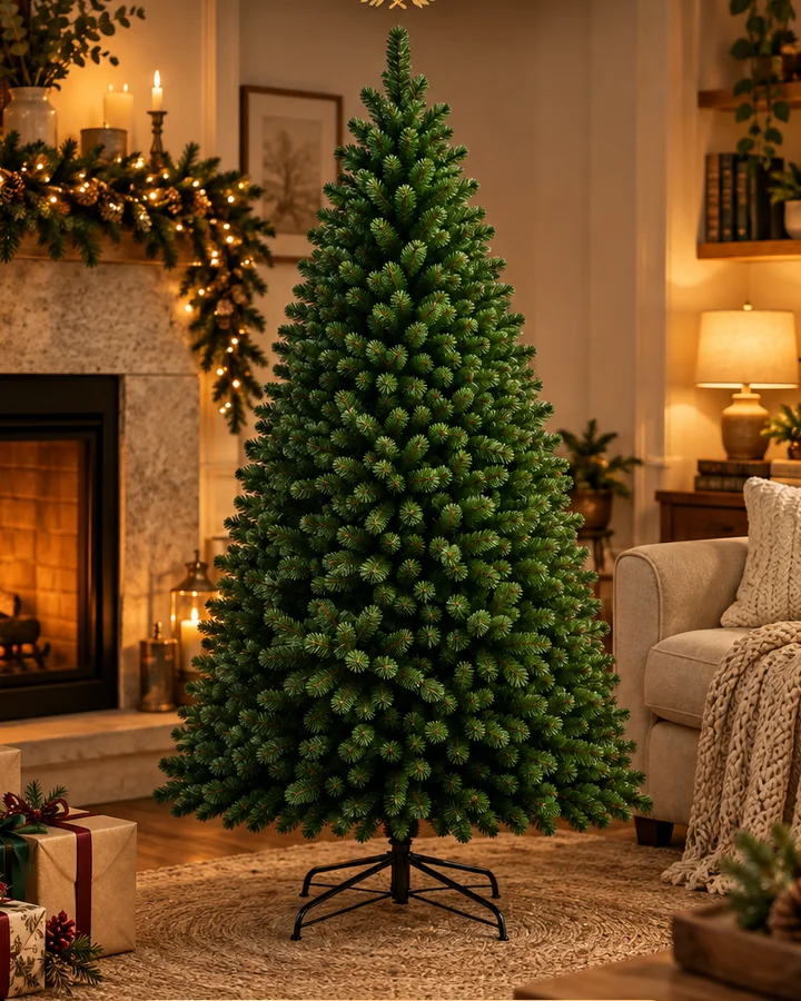 Árvore de Natal verde em uma sala aconchegante, imagem ambientada