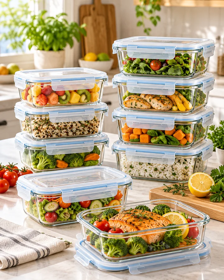 Potes transparentes organizados com alimentos na cozinha
