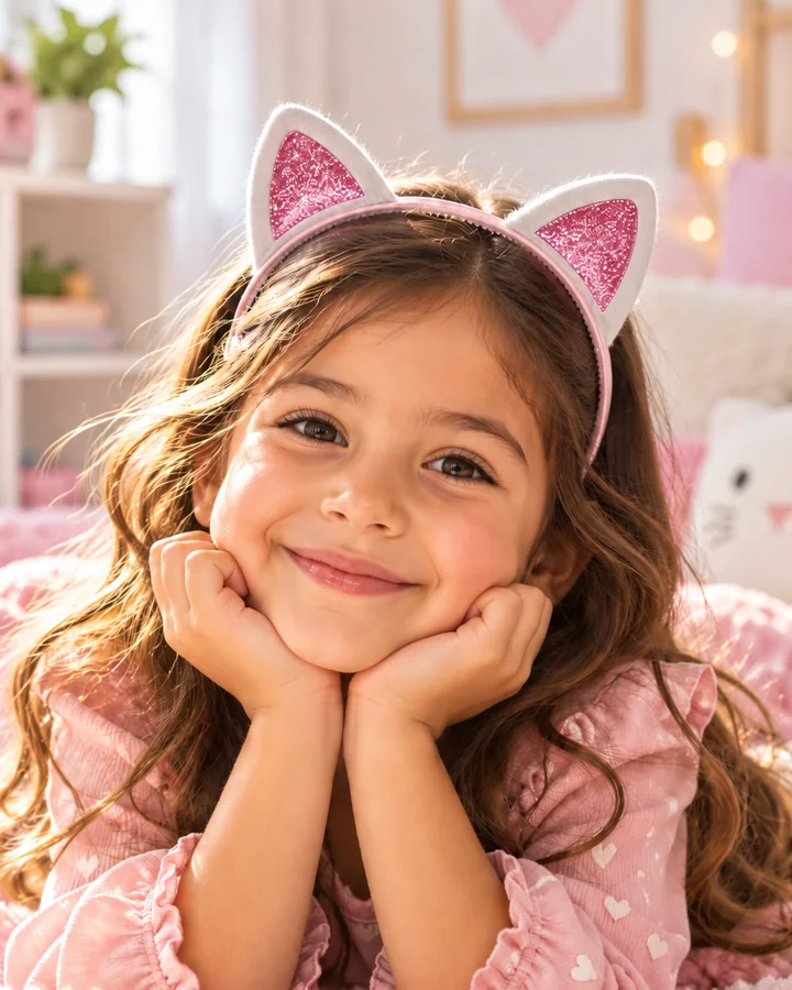 Criança com uma tiara rosa e orelhinhas brilhantes